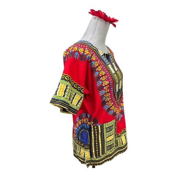 Dashiki Red with Multi colors cotton tunic size S - Picture 3 of 10